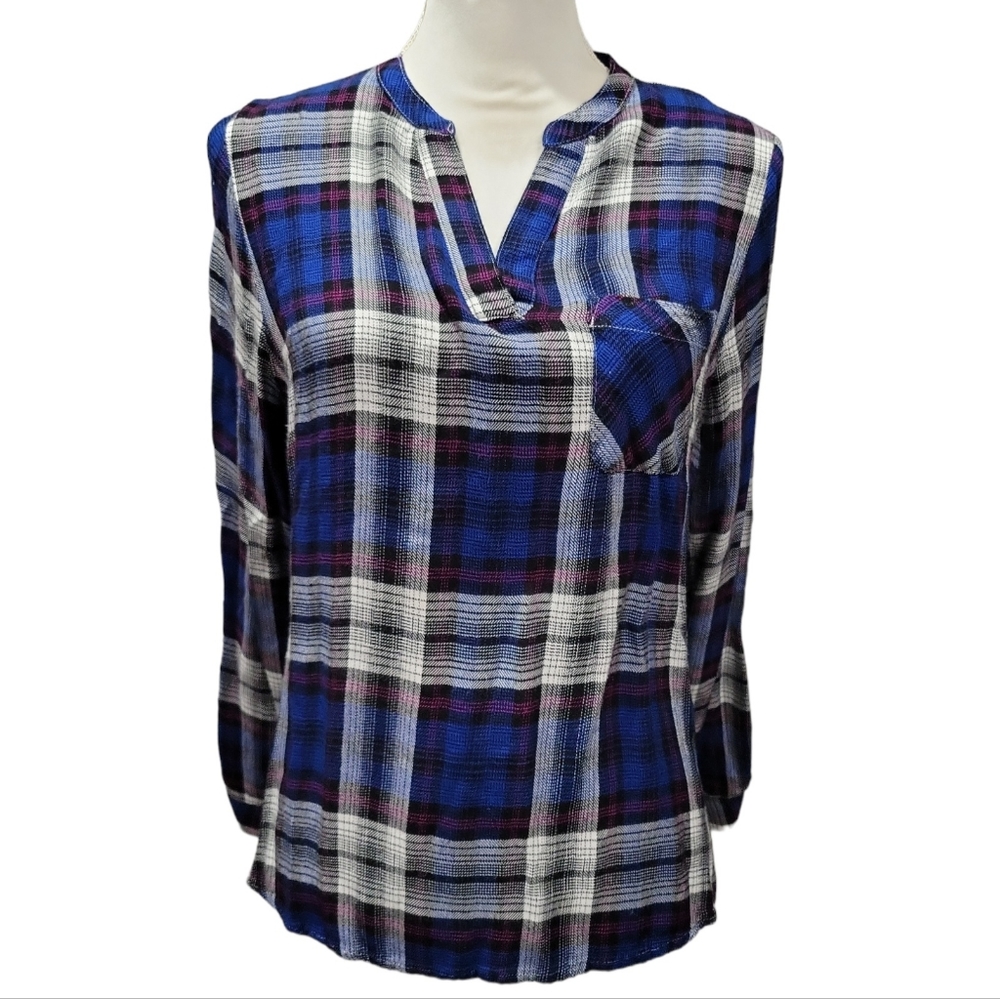 Blue Plaid High-Lo Soft Viscose Blouse Size Medium